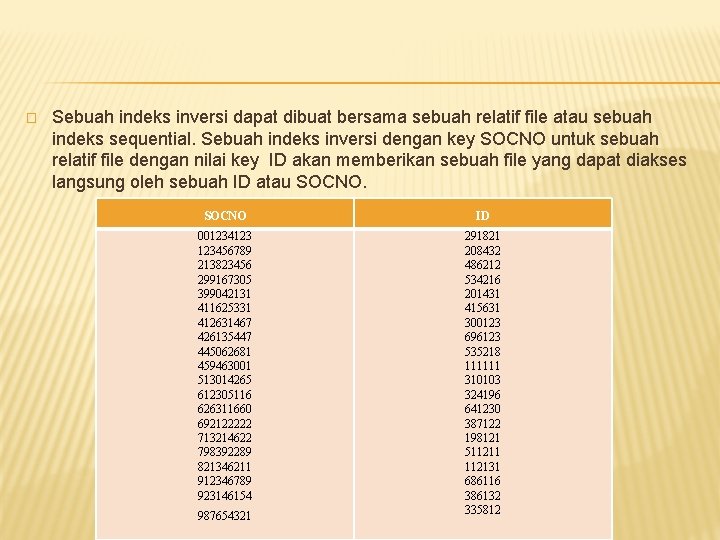 � Sebuah indeks inversi dapat dibuat bersama sebuah relatif file atau sebuah indeks sequential.