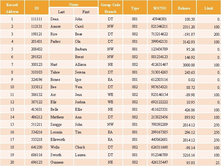 Record Address Name ID Last Group-Code First Branch Type SOCNO Balance Limit 1 111111