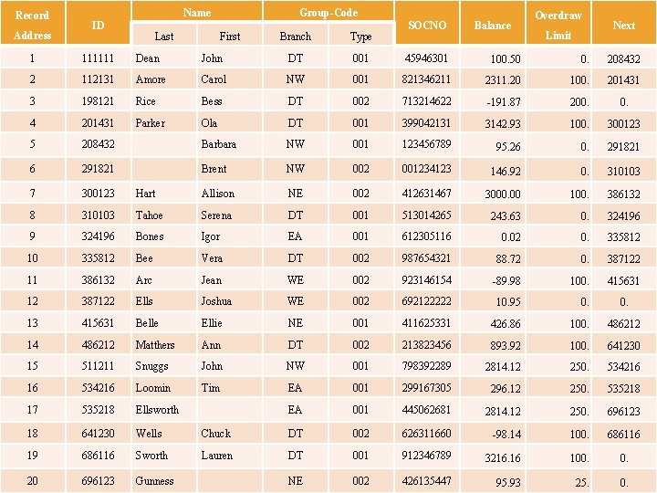 Record Address Name ID Last Group-Code First Branch Type SOCNO Balance Overdraw Limit Next