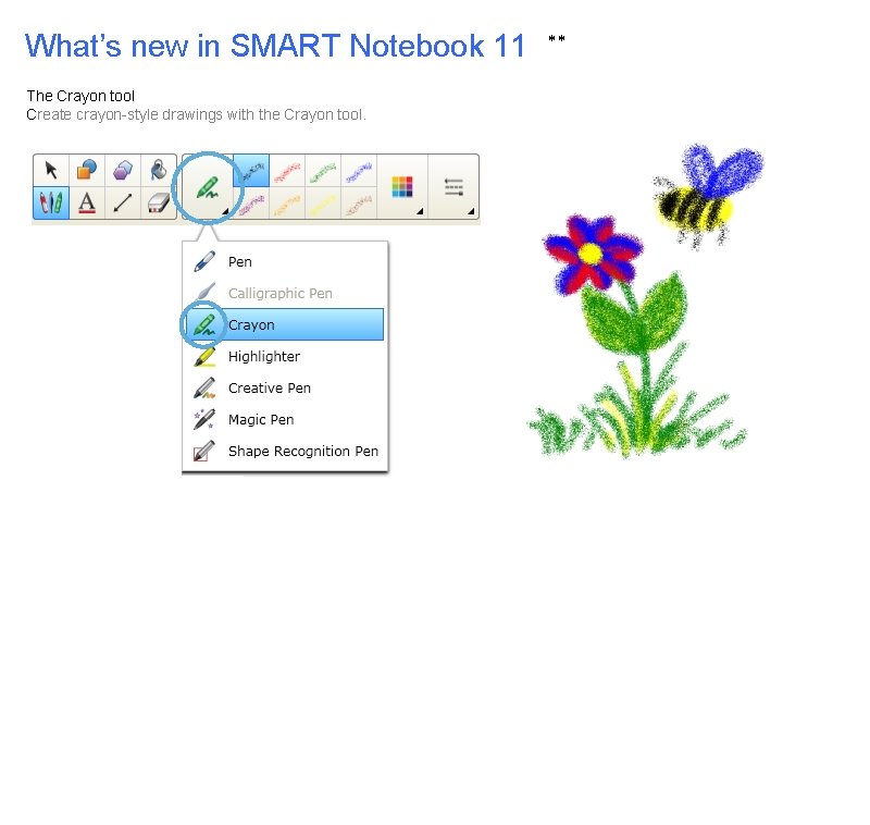What’s new in SMART Notebook 11 The Crayon tool Create crayon-style drawings with the