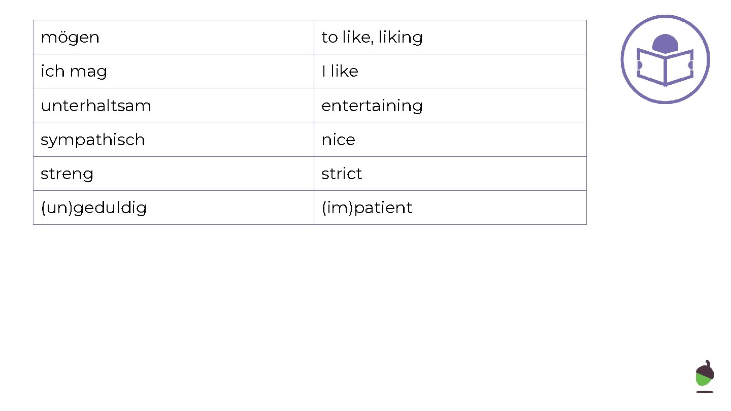 mögen to like, liking ich mag I like unterhaltsam entertaining sympathisch nice streng strict