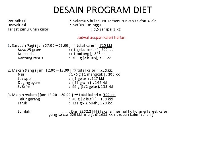 DESAIN PROGRAM DIET Periodisasi Reevaluasi Target penurunan kalori : Selama 5 bulan untuk menurunkan