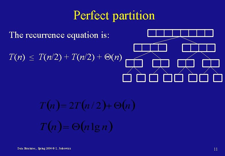 Perfect partition The recurrence equation is: T(n) ≤ T(n/2) + Θ(n) Data Structures, Spring