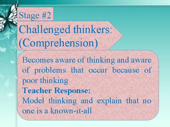 Stage #2 Challenged thinkers: (Comprehension) Becomes aware of thinking and aware of problems that