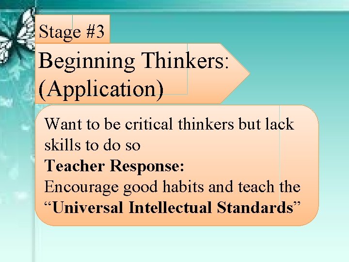 Stage #3 Beginning Thinkers: (Application) Want to be critical thinkers but lack skills to