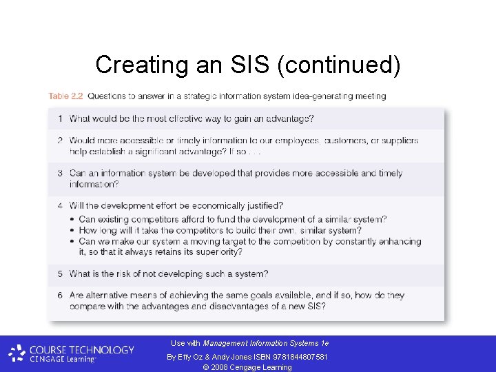 Creating an SIS (continued) Use with Management Information Systems 1 e By Effy Oz