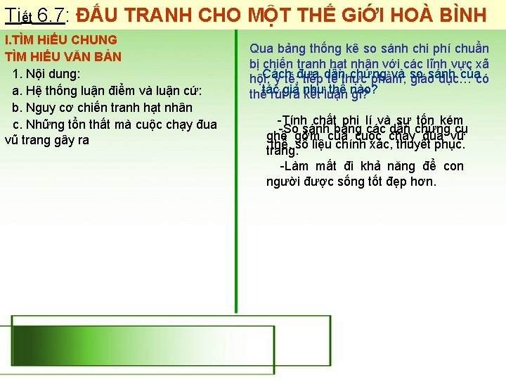 Tiết 6. 7: ĐẤU TRANH CHO MỘT THẾ GiỚI HOÀ BÌNH I. TÌM HiỂU