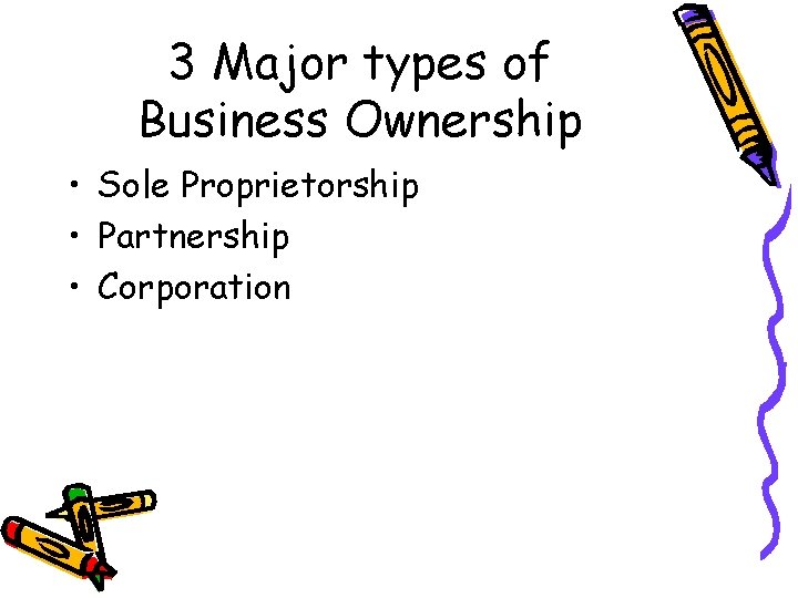 3 Major types of Business Ownership • Sole Proprietorship • Partnership • Corporation 