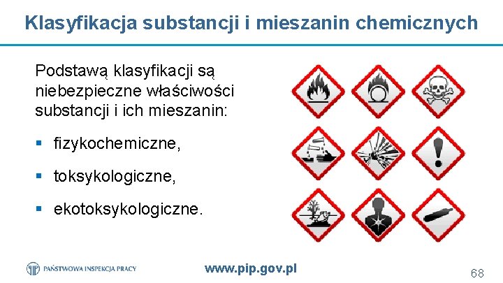 Klasyfikacja substancji i mieszanin chemicznych Podstawą klasyfikacji są niebezpieczne właściwości substancji i ich mieszanin:
