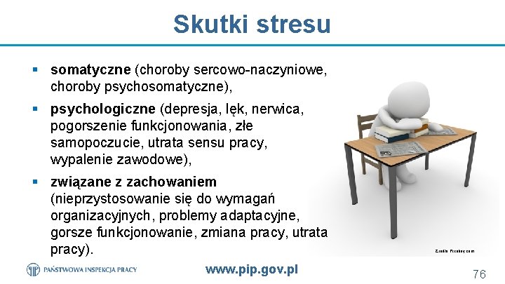 Skutki stresu § somatyczne (choroby sercowo-naczyniowe, choroby psychosomatyczne), § psychologiczne (depresja, lęk, nerwica, pogorszenie