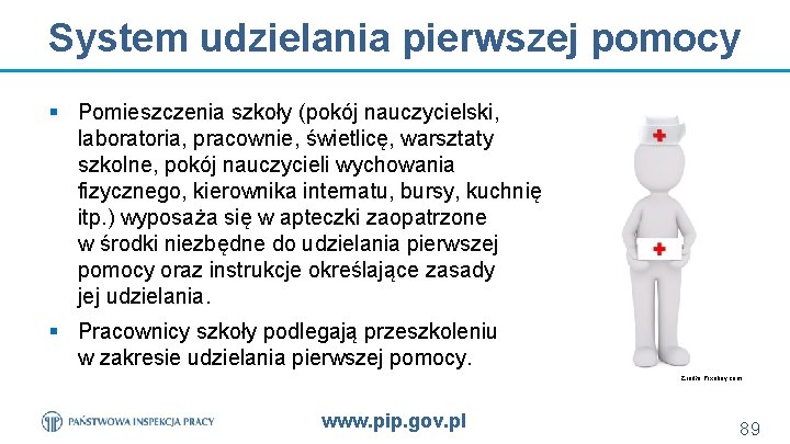 System udzielania pierwszej pomocy § Pomieszczenia szkoły (pokój nauczycielski, laboratoria, pracownie, świetlicę, warsztaty szkolne,