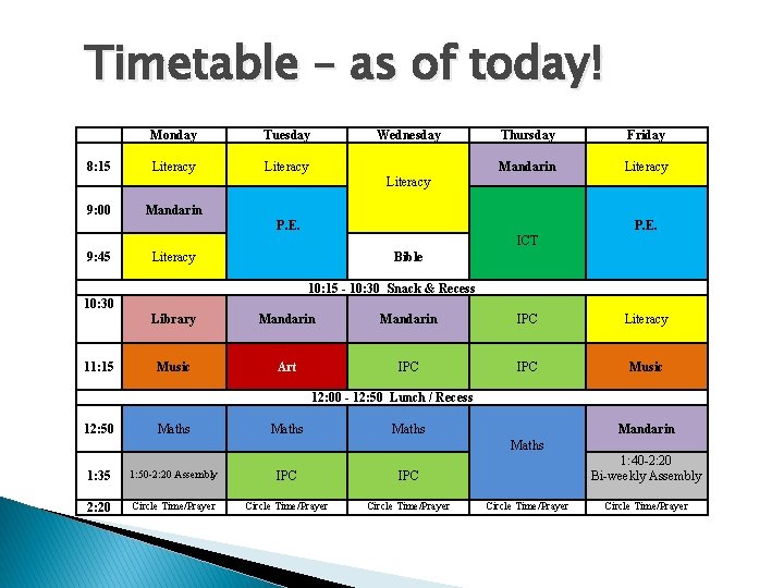 Timetable – as of today! 8: 15 Monday Tuesday Literacy Wednesday Thursday Friday Mandarin