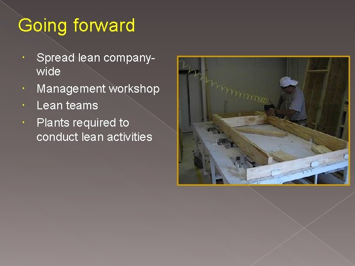 Going forward Spread lean companywide Management workshop Lean teams Plants required to conduct lean