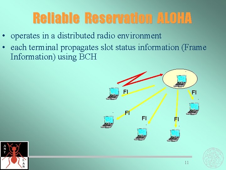 Reliable Reservation ALOHA • operates in a distributed radio environment • each terminal propagates