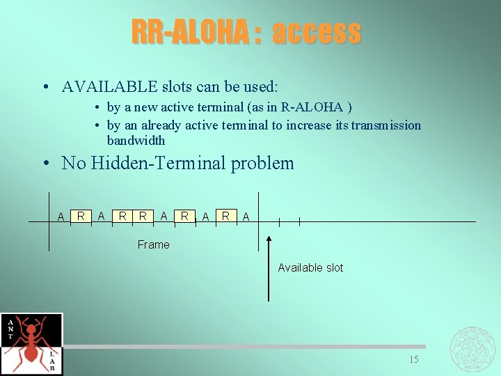 RR-ALOHA : access • AVAILABLE slots can be used: • by a new active