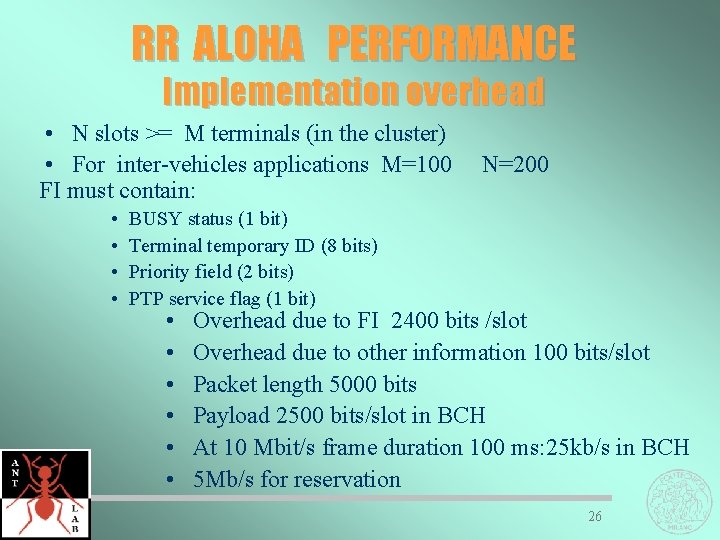 RR ALOHA PERFORMANCE Implementation overhead • N slots >= M terminals (in the cluster)