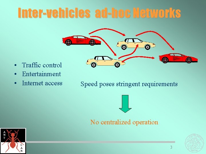 Inter-vehicles ad-hoc Networks • Traffic control • Entertainment • Internet access Speed poses stringent