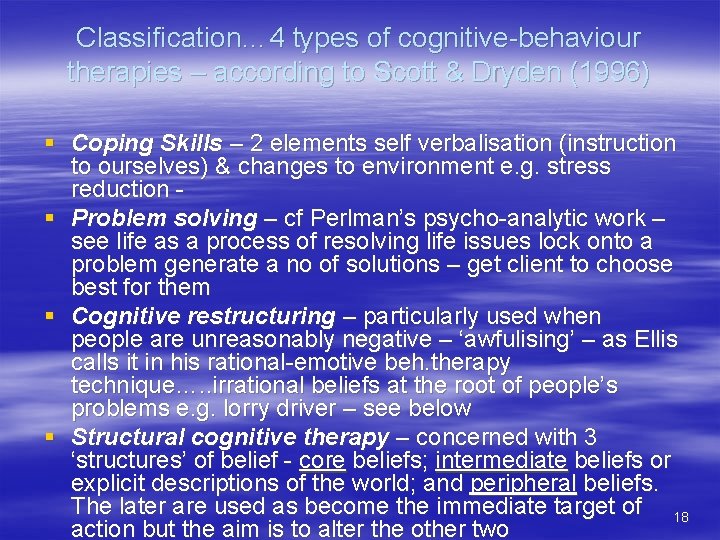 Classification… 4 types of cognitive-behaviour therapies – according to Scott & Dryden (1996) §