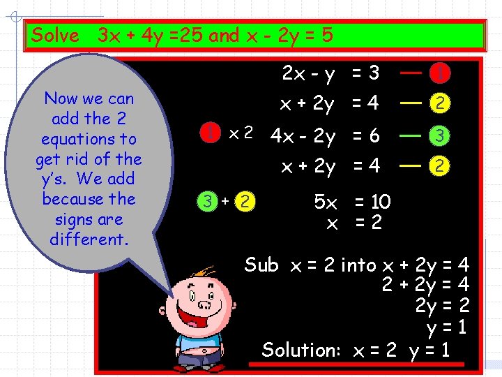 Solve 3 x + 4 y =25 and x - 2 y = 5