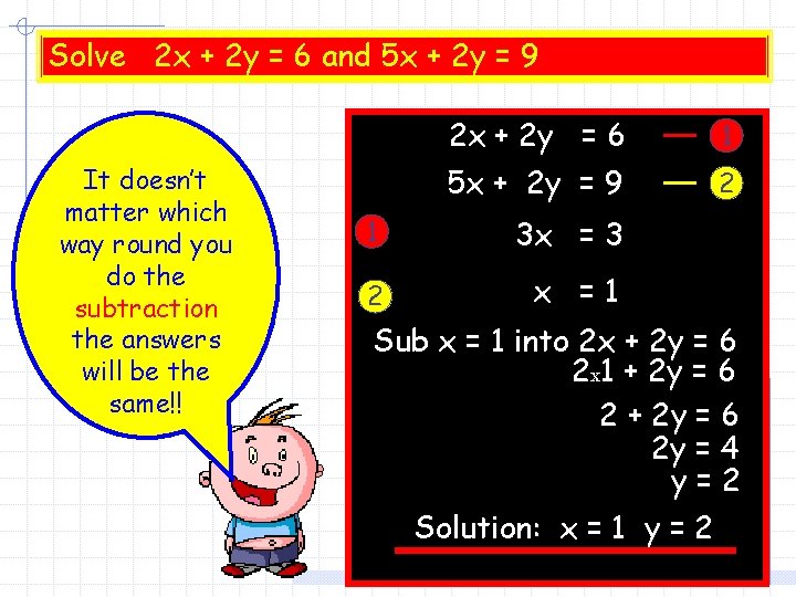 Solve 2 x + 2 y = 6 and 5 x + 2 y