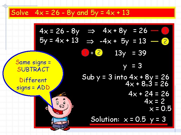 Solve 4 x = 26 - 8 y and 5 y = 4 x