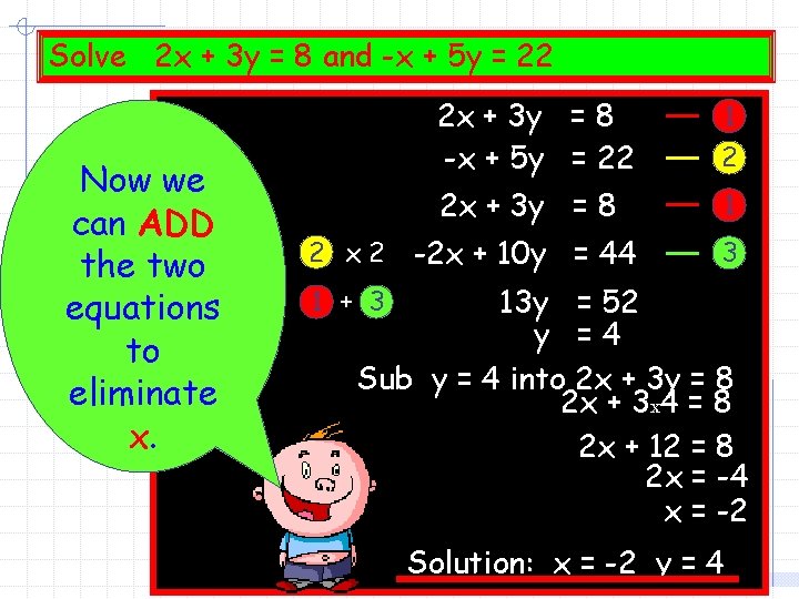 Solve 2 x + 3 y = 8 and -x + 5 y =