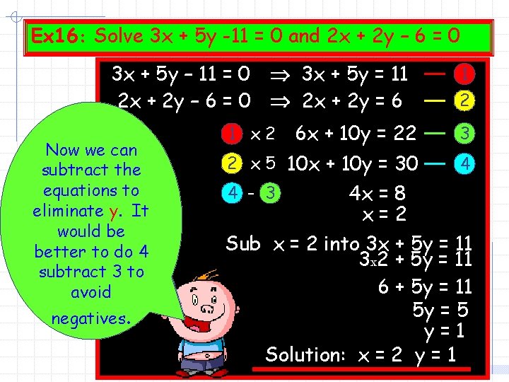Ex 16: Solve 3 x + 5 y -11 = 0 and 2 x