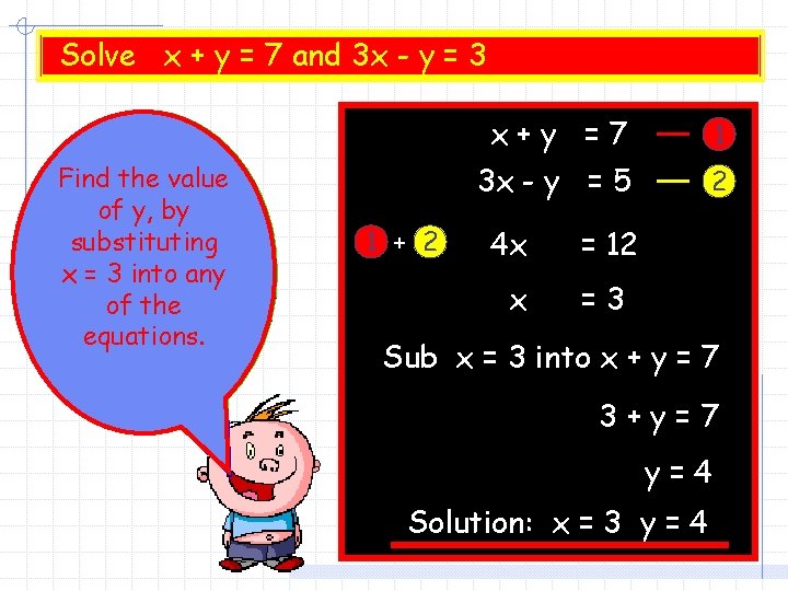 Solve x + y = 7 and 3 x - y = 3 Find