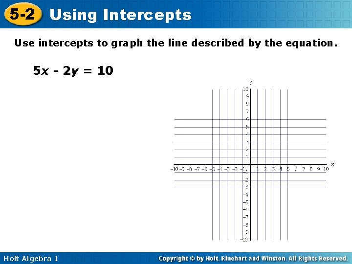 5 -2 Using Intercepts Use intercepts to graph the line described by the equation.