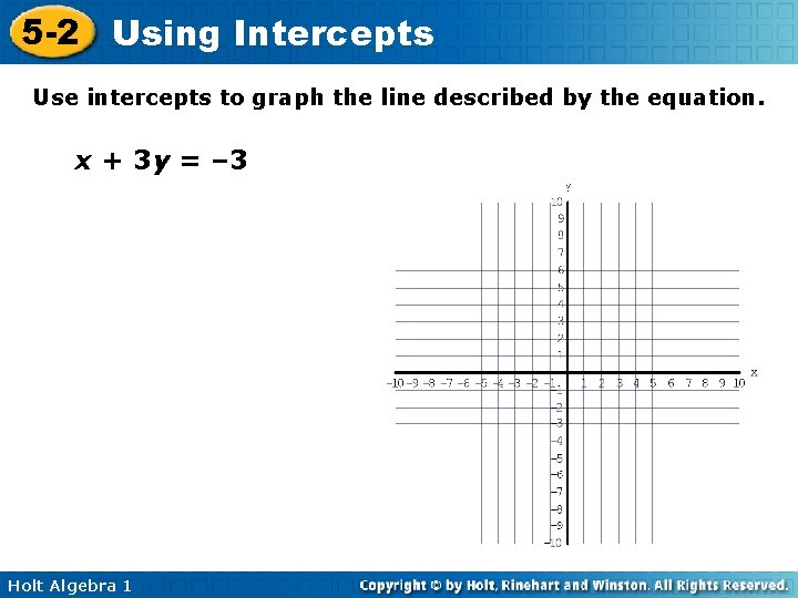 5 -2 Using Intercepts Use intercepts to graph the line described by the equation.