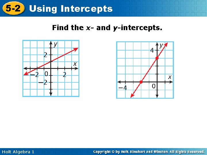 5 -2 Using Intercepts Find the x- and y-intercepts. Holt Algebra 1 