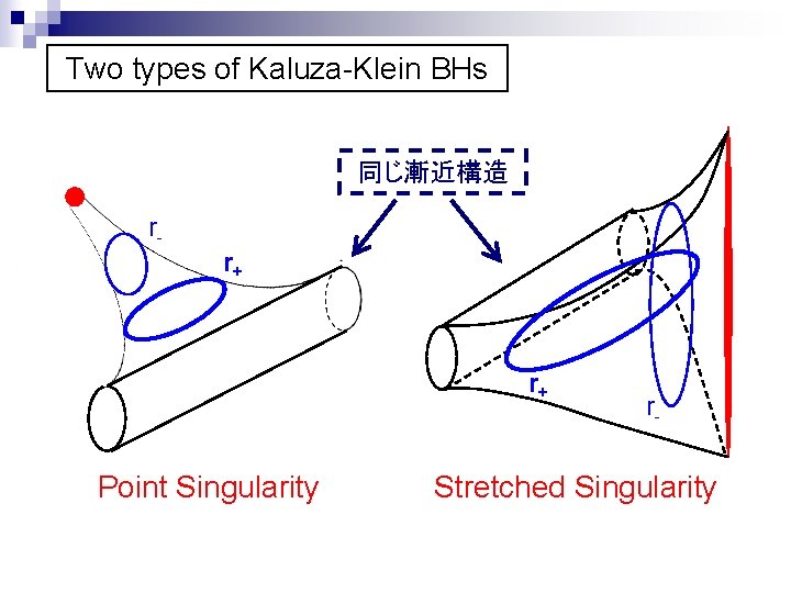 Two types of Kaluza-Klein BHs 同じ漸近構造 rr+ r+ Point Singularity r- Stretched Singularity 