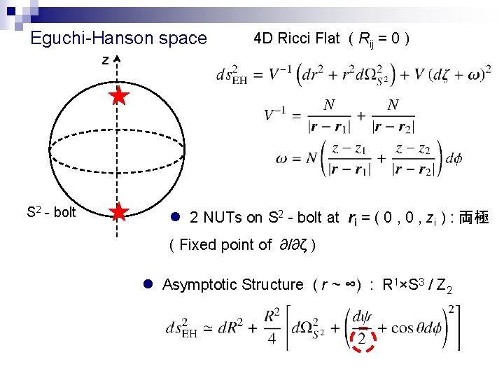 Eguchi-Hanson space 4 D Ricci Flat ( Rij = 0 ) z S 2