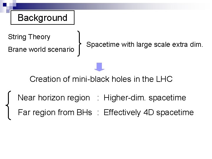 Background String Theory Brane world scenario Spacetime with large scale extra dim. Creation of