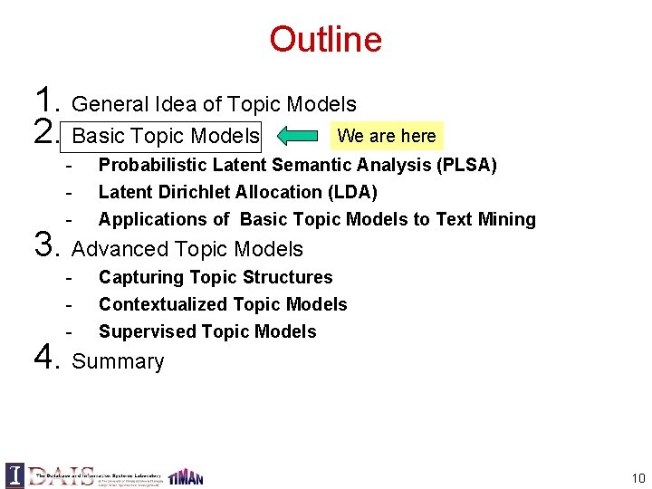 Outline 1. General Idea of Topic Models We are here 2. Basic Topic Models