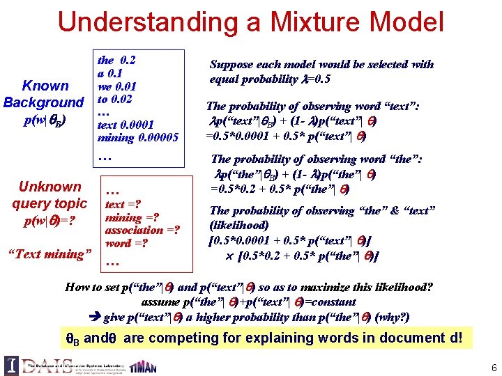 Understanding a Mixture Model Known Background p(w| B) the 0. 2 a 0. 1