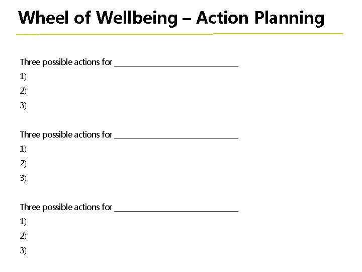 Wheel of Wellbeing – Action Planning Three possible actions for _____________________________________ 1) 2) 3)