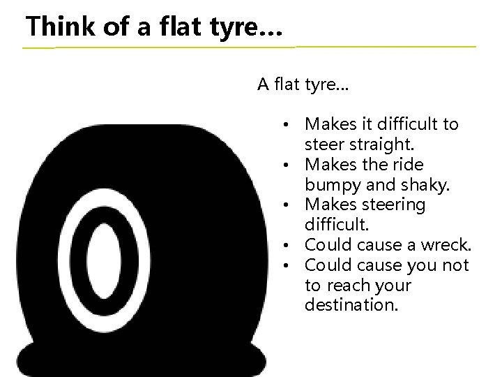 Think of a flat tyre… A flat tyre… • Makes it difficult to steer