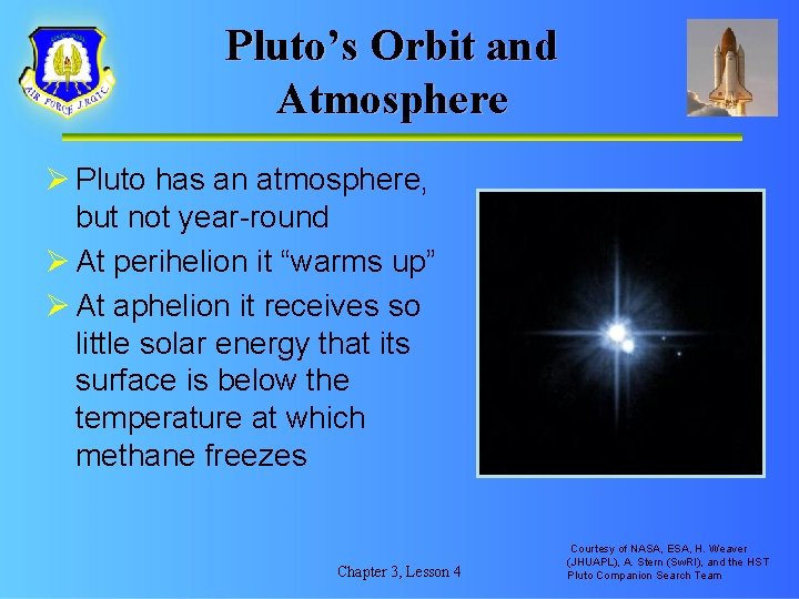 Pluto’s Orbit and Atmosphere Ø Pluto has an atmosphere, but not year-round Ø At