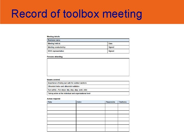 Record of toolbox meeting 