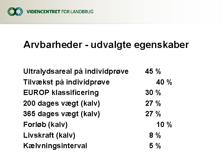 Arvbarheder - udvalgte egenskaber Ultralydsareal på individprøve Tilvækst på individprøve EUROP klassificering 200 dages