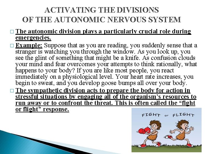 ACTIVATING THE DIVISIONS OF THE AUTONOMIC NERVOUS SYSTEM � The autonomic division plays a