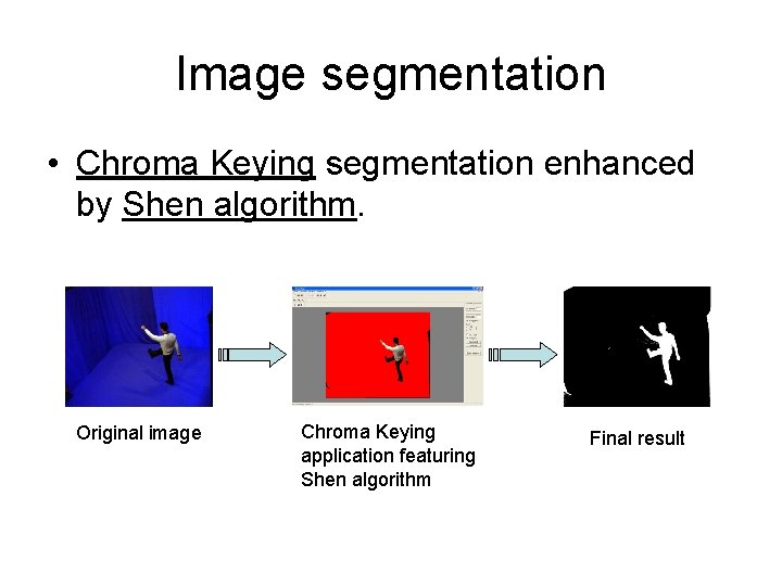Image segmentation • Chroma Keying segmentation enhanced by Shen algorithm. Original image Chroma Keying