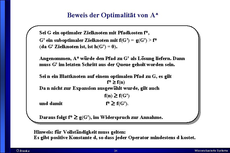 Beweis der Optimalität von A* Sei G ein optimaler Zielknoten mit Pfadkosten f*, G'