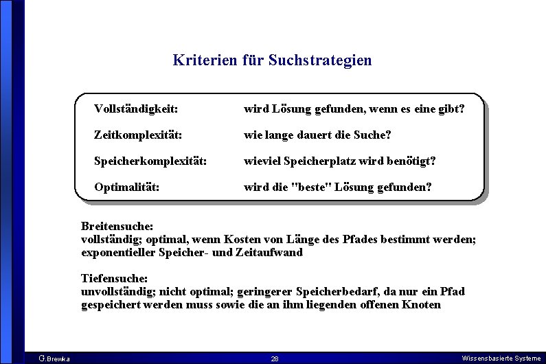 Kriterien für Suchstrategien Vollständigkeit: wird Lösung gefunden, wenn es eine gibt? Zeitkomplexität: wie lange