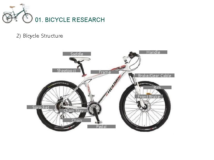 01. BICYCLE RESEARCH 2) Bicycle Structure Handle Saddle Sheetpost Frame Brake/Gear Cable Rim Front