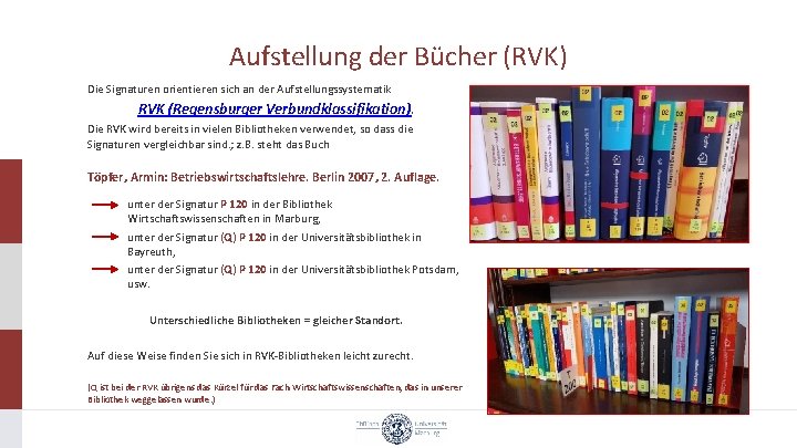 Aufstellung der Bücher (RVK) Die Signaturen orientieren sich an der Aufstellungssystematik RVK (Regensburger Verbundklassifikation).