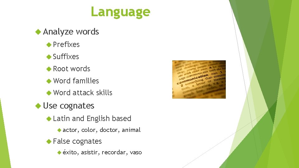 Language Analyze words Prefixes Suffixes Root words Word families Word attack skills Use cognates
