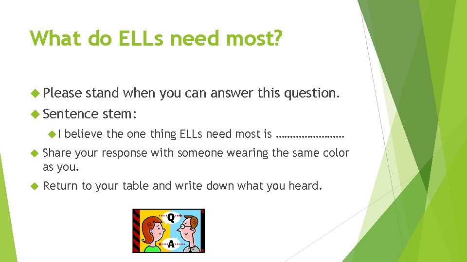 What do ELLs need most? Please stand when you can answer this question. Sentence