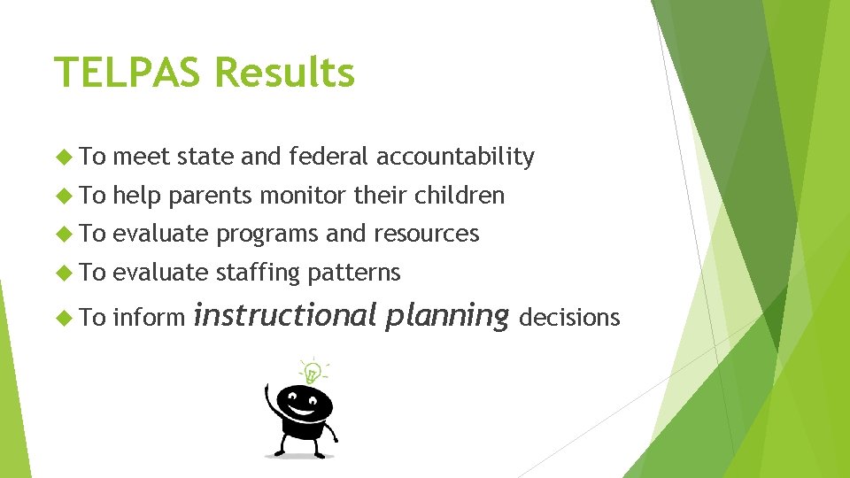 TELPAS Results To meet state and federal accountability To help parents monitor their children